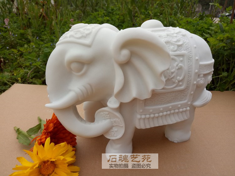 石雕大象一对仿汉白玉石刻小象中式现代小摆件家居工艺品包邮新款